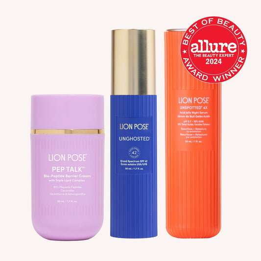 Lion Pose PEP TALK cream, UNGHOSTED SPF 42, and UNSPOTTED night serum