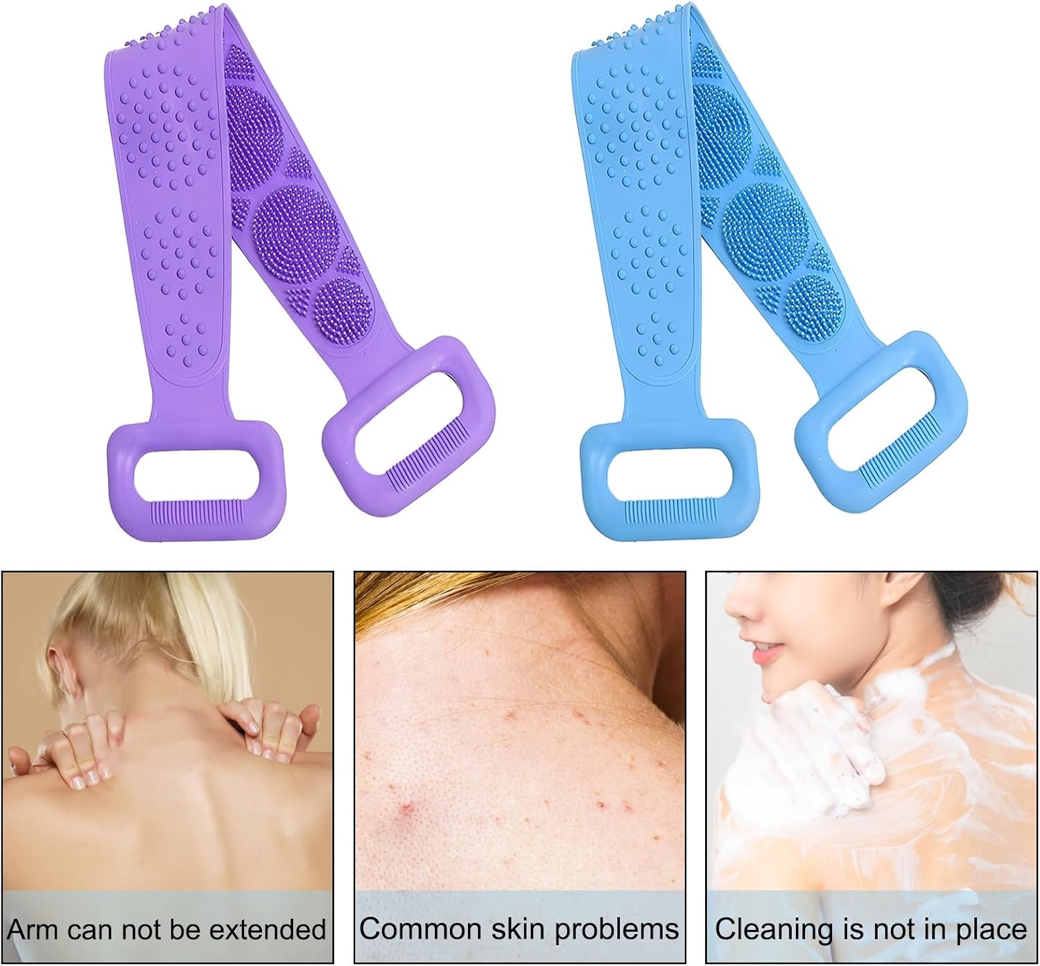 Silicone Body Scrubber for Shower,Silicone Back Body Scrubber with Handle,27.5 Inch Exfoliating Deep Clean Bath Body Brush Scrubber for Men and Women-2 PCS