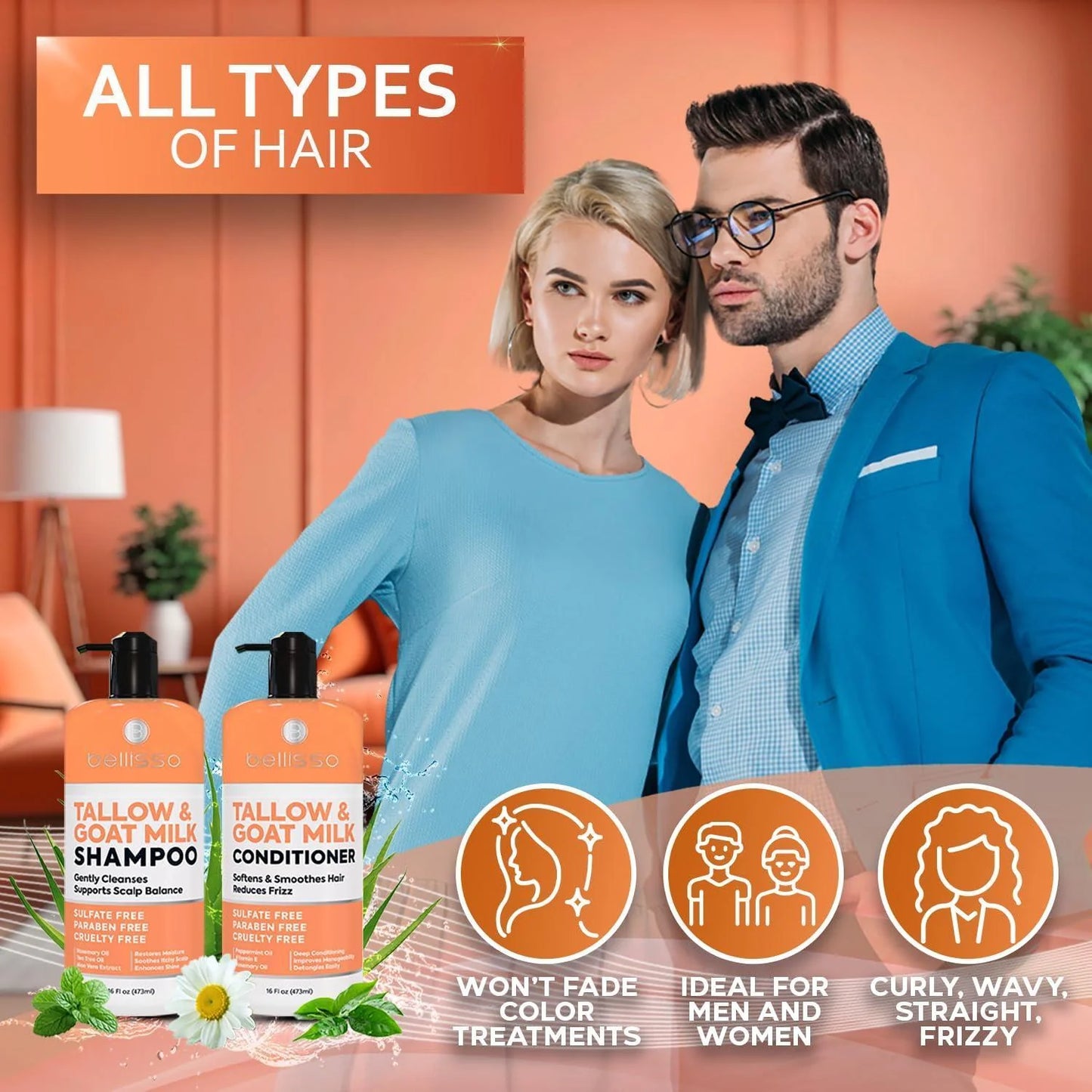 Beef Tallow Shampoo and Conditioner Set with Goat Milk 16.9 Fl Oz Pack of 2 Sulfate Free Moisture for Women Men for Dry Itchy Scalp Hydrating Thickening Volume Care for Thinning Hair