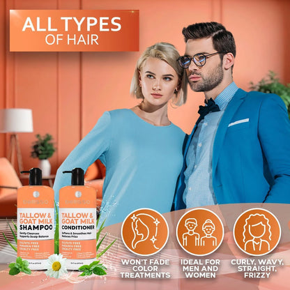 Beef Tallow Shampoo and Conditioner Set with Goat Milk 16.9 Fl Oz Pack of 2 Sulfate Free Moisture for Women Men for Dry Itchy Scalp Hydrating Thickening Volume Care for Thinning Hair