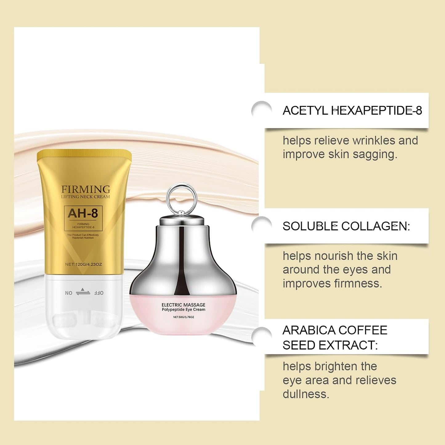 AH-8 Neck and Eye Cream Set with Electric Massage Tightening, Anti-Wrinkle Treatment with Red Light, Deep Moisturizer Bundle Care (Neck and Eye Cream)