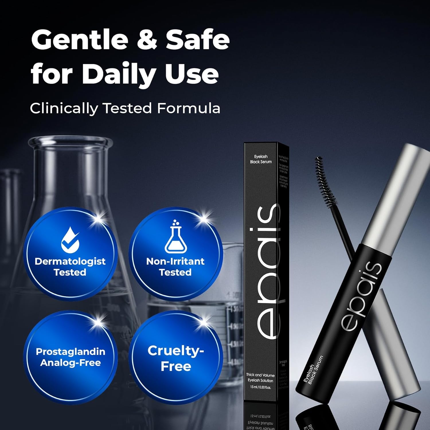 Eyelash Black Tinted Serum, 2-In-1 Lash Growth Enhancer and Tinting Treatment, 7 Peptides and Biotin Formula for Longer Thicker Lashes, Charcoal-Based Black Food Complex, Korean Lash Care