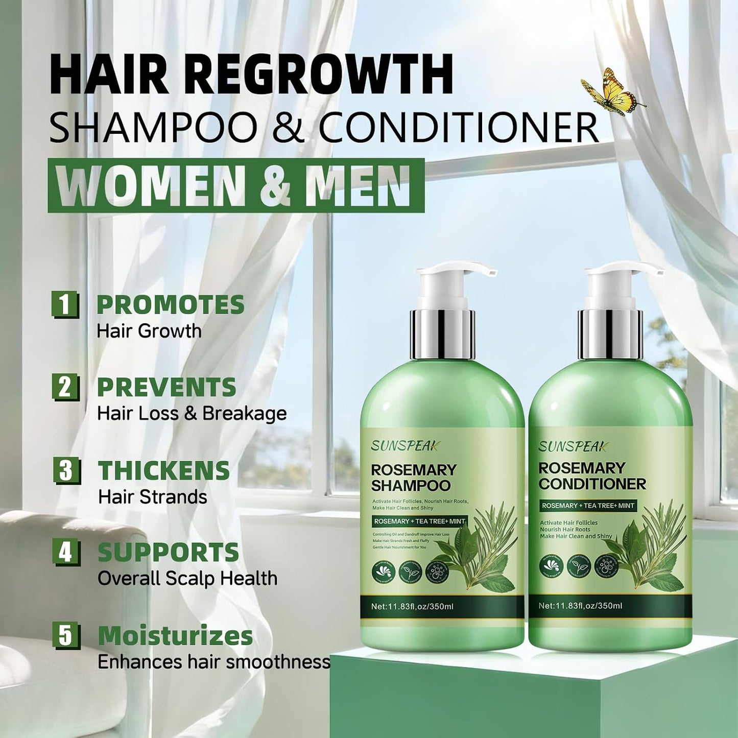 Rosemary Hair Growth Shampoo and Conditioner Set: Thickness & anti Hair Loss Shampoo and Conditioner with Tea Tree Oil Mint Biotin – Strengthening Formula for Men & Women, Thinning & Damaged Hair Care