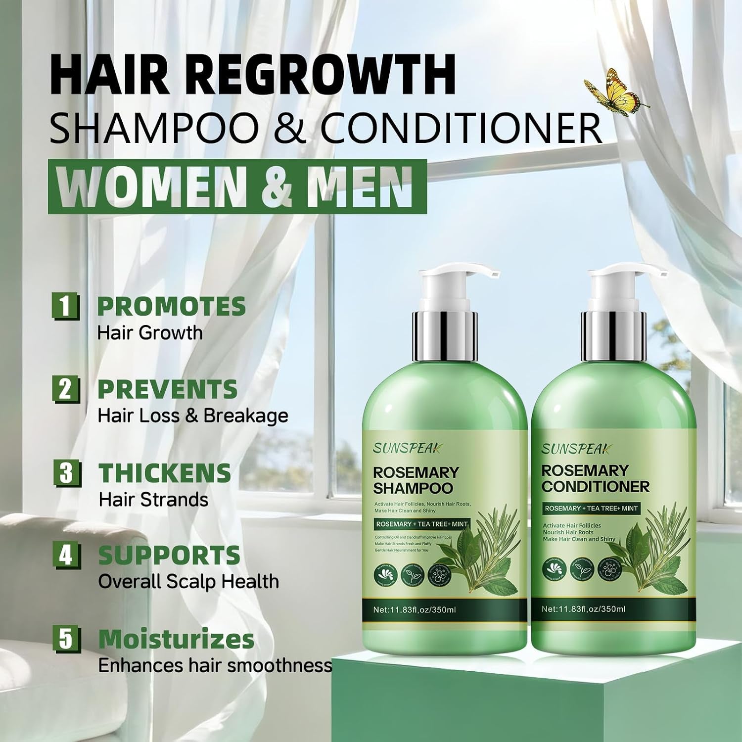 Rosemary Hair Growth Shampoo and Conditioner Set: Thickness & anti Hair Loss Shampoo and Conditioner with Tea Tree Oil Mint Biotin – Strengthening Formula for Men & Women, Thinning & Damaged Hair Care
