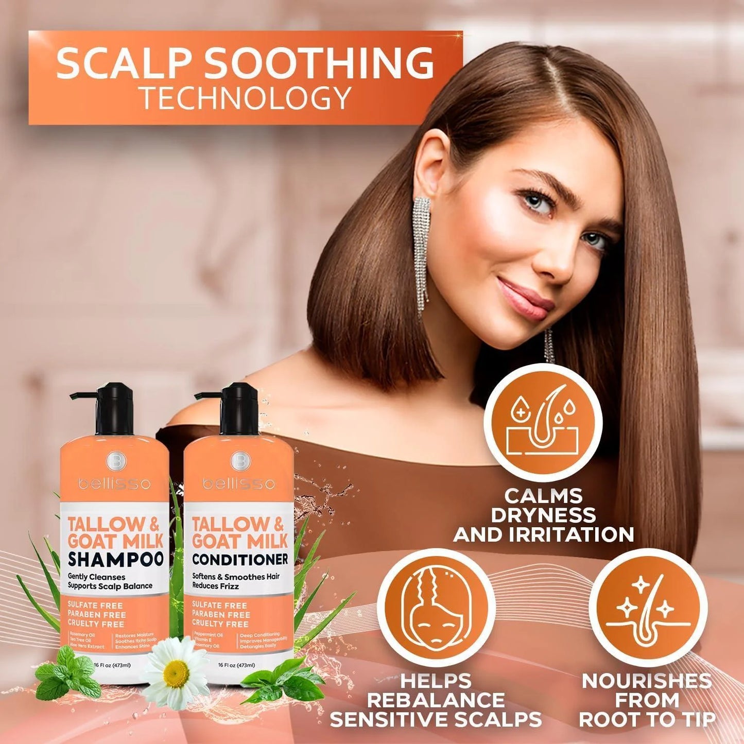 Beef Tallow Shampoo and Conditioner Set with Goat Milk 16.9 Fl Oz Pack of 2 Sulfate Free Moisture for Women Men for Dry Itchy Scalp Hydrating Thickening Volume Care for Thinning Hair