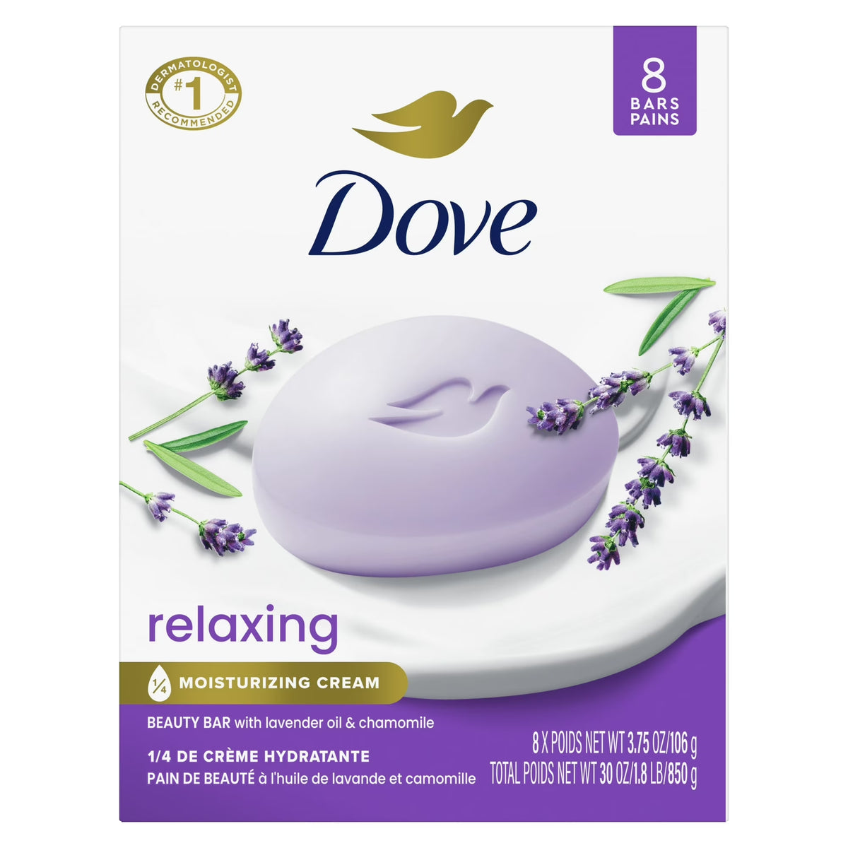 Beauty Bar Soap for Women Relaxing Lavender Oil & Chamomile All Skin, 3.75 Oz 8 Bars- Pack of 2