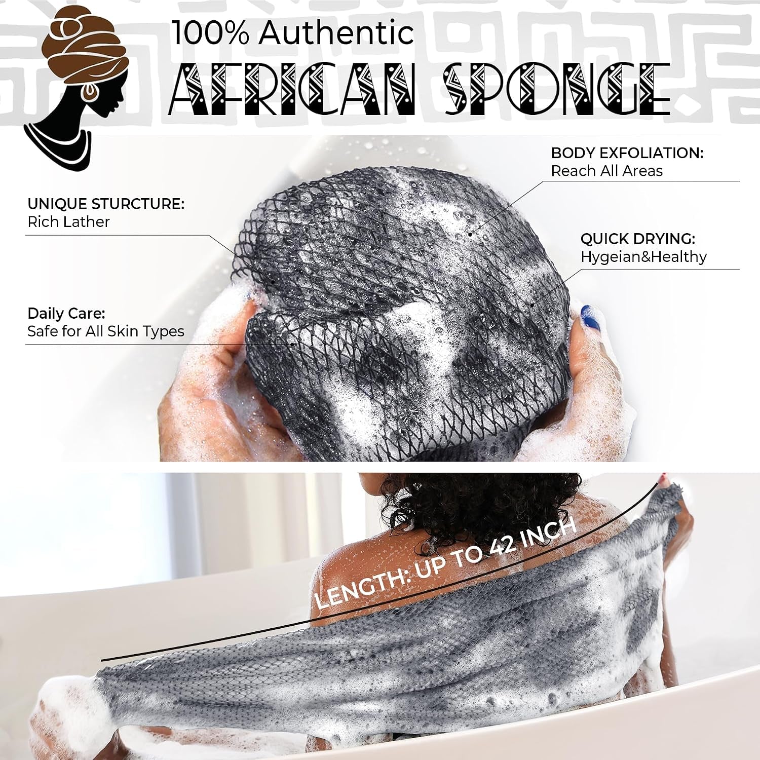 African Net Sponge Authentic - Exfoliating Back Scrub Bath Sponge with Knots - Afro Scrub Body Scrubber Exfoliator Washcloth - African Body Care Daily Use Shower Essentials