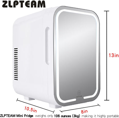 Mini Fridge with Mirror Door & Adjustable LED Lights - 8L Cosmetic Skincare Fridge for Bedroom,Dorm,Mini Car Refrigerator Portable Quiet Cooling,Gift for Women