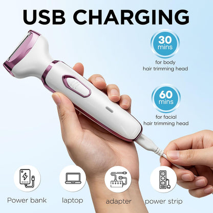 Electric Razor - Shaver - Trimmer for Women: 2 in 1 Painless Body Razors and Facial Hair Remover - Rechargeable Hair Removal Kit for Face Body Leg Bikini Underarm Arm