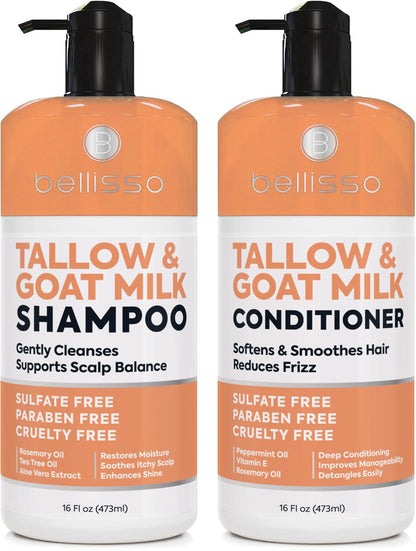 Beef Tallow Shampoo and Conditioner Set with Goat Milk 16.9 Fl Oz Pack of 2 Sulfate Free Moisture for Women Men for Dry Itchy Scalp Hydrating Thickening Volume Care for Thinning Hair
