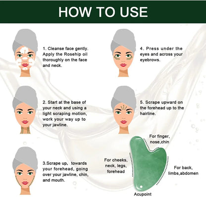 Jade Gua Sha Facial Set with Pure Rosehip Oil and Travel Pouch