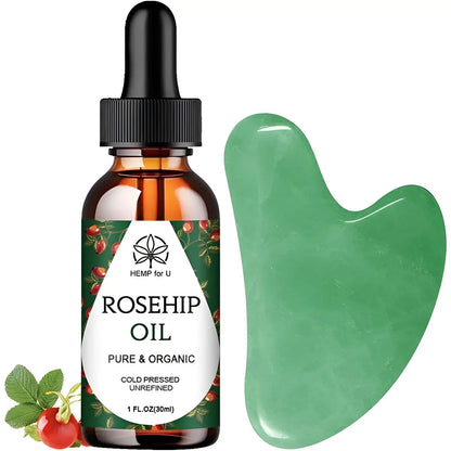Jade Gua Sha Facial Set with Pure Rosehip Oil and Travel Pouch