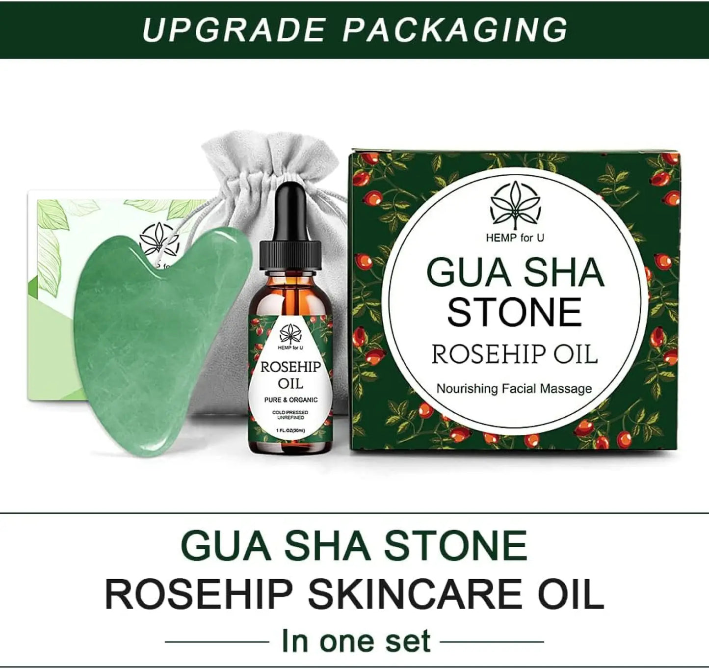 Jade Gua Sha Facial Set with Pure Rosehip Oil and Travel Pouch