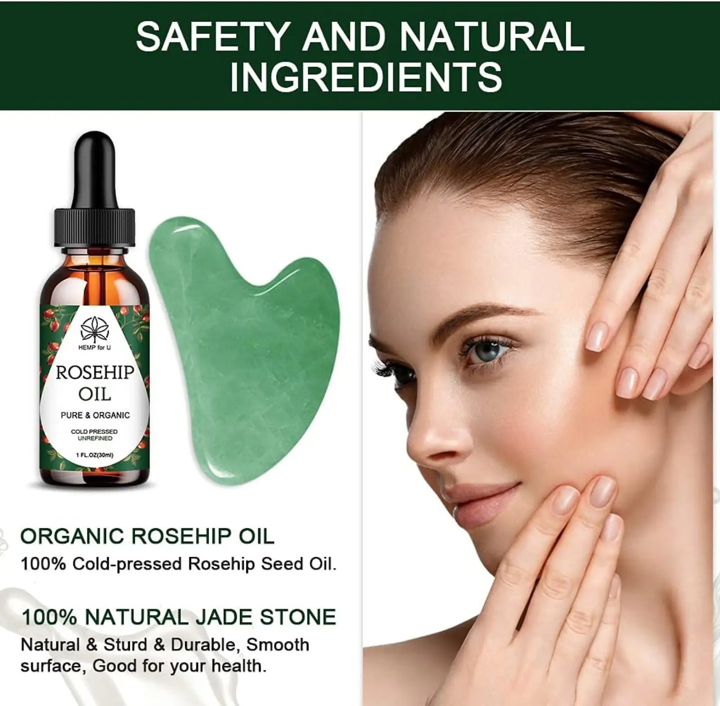 Jade Gua Sha Facial Set with Pure Rosehip Oil and Travel Pouch