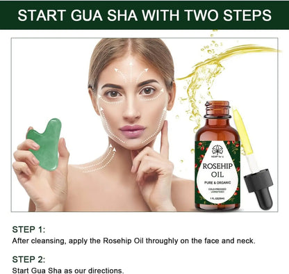 Jade Gua Sha Facial Set with Pure Rosehip Oil and Travel Pouch